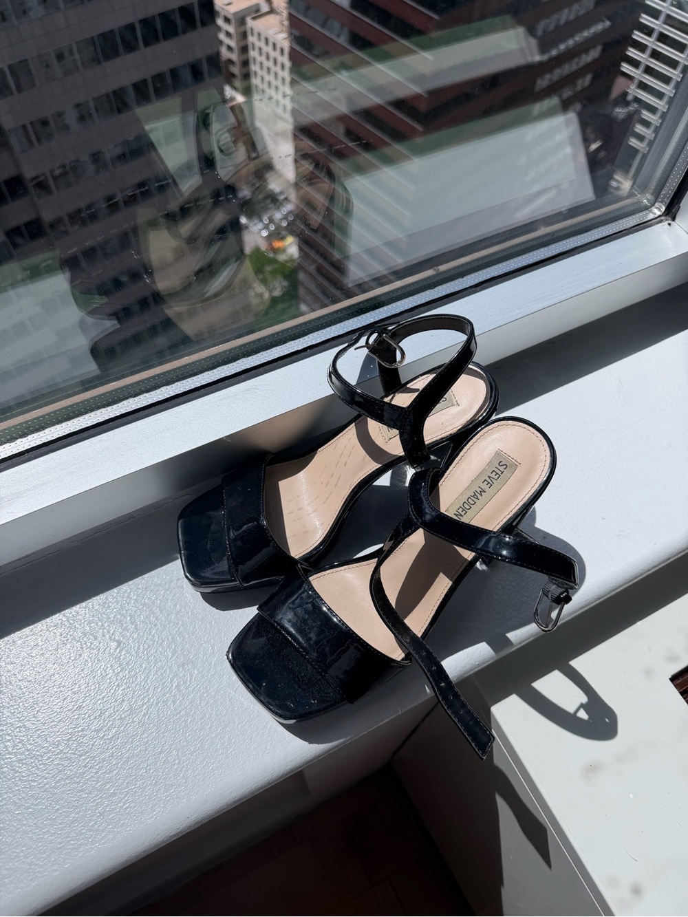 Steve Madden Black Patent Strappy Block Heels